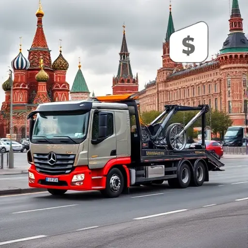 Стоимость вызова эвакуатора в Москве: Полный гид A modern tow truck parked on a Moscow street with recognizable city architecture such as the Kremlin domes and red brick buildings in the background, the scene showing a road and a subtle hint of a price tag icon floating nearby without any text, emphasizing the concept of tow service cost in the city