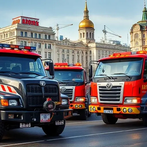 A realistic scene of several modern tow trucks (evakuatory) parked on a Moscow street, with recognizable Russian city architecture in the background, showcasing the trucks' robust build and technical details such as heavy-duty winches and bright safety lights, under a clear sky, without any text or signage.