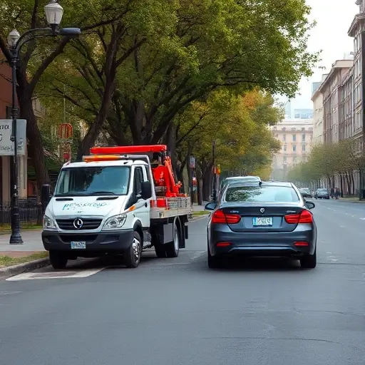 A tow truck gently pulling a stranded car onto a side street named after Alice Selezneva, with a calm urban avenue background, trees lining the road, and subtle city buildings in the distance, all rendered in a clean, high‑quality smallHQ style without any text or signage