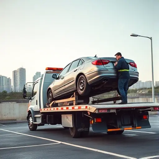 загрузить эвакуатор A tow truck in a parking lot, a car being lifted onto its platform by a mechanic in uniform, with a city background, no text or digits