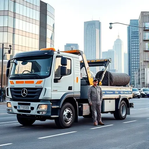A reliable tow truck parked on a city street with a modern skyline in the background, representing Moscow and Lyubertsy. The scene shows the truck with a sturdy hook and a professional driver standing beside it, both dressed in neutral work attire. The street is clean, with subtle hints of urban architecture, and the lighting is bright and clear, emphasizing the trustworthy and efficient service. No text, logos, or signage are visible.