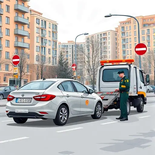 A realistic smallHQ style illustration of a Moscow street scene showing a parked car being towed by a tow truck, with a uniformed employee of a specialized evacuation organization supervising the operation. The background features typical Moscow apartment buildings and traffic signs, all without any visible text or numbers.