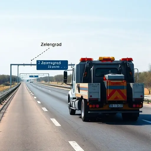 A realistic scene showing a tow truck (evakuator) driving along a highway from Zelenograd towards Moscow, with a subtle background map outline indicating the route and distance, under a clear sky, focusing on the vehicle and road without any text or symbols