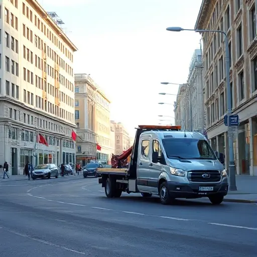 A realistic city street scene on Augustovskaya Street with a modern tow truck pulling a parked car onto the side of the road, surrounded by typical urban buildings, streetlights, and a clear sky; the focus is on the tow truck and the vehicle being towed, with no visible text, signs, or logos