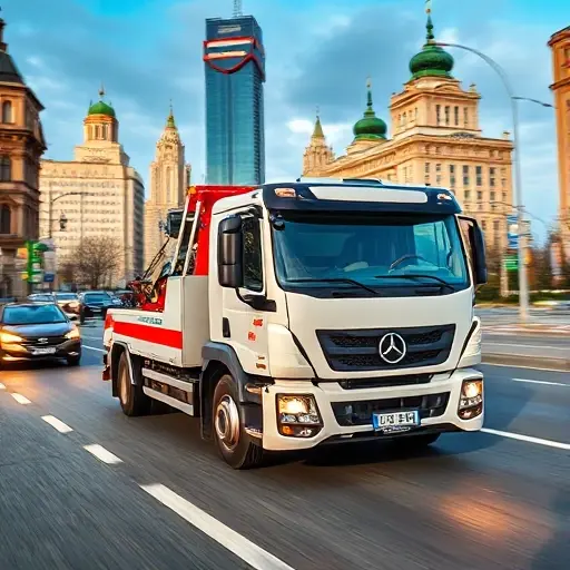 A modern tow truck (evakuator) driving through the southwestern part of Moscow, with recognizable city landmarks and streets in the background, emphasizing speed and reliability. The scene should convey a sense of efficiency and affordability without any text or signage, focusing on the vehicle, the urban environment, and a dynamic, professional atmosphere.