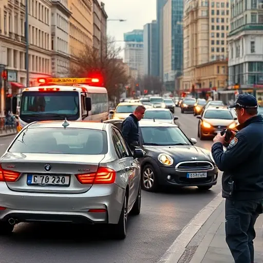 A busy Moscow street scene showing a car parked illegally being towed by a tow truck, a police officer observing the process, and a person holding a camera taking photos as evidence, with city buildings and traffic in the background, realistic smallHQ style