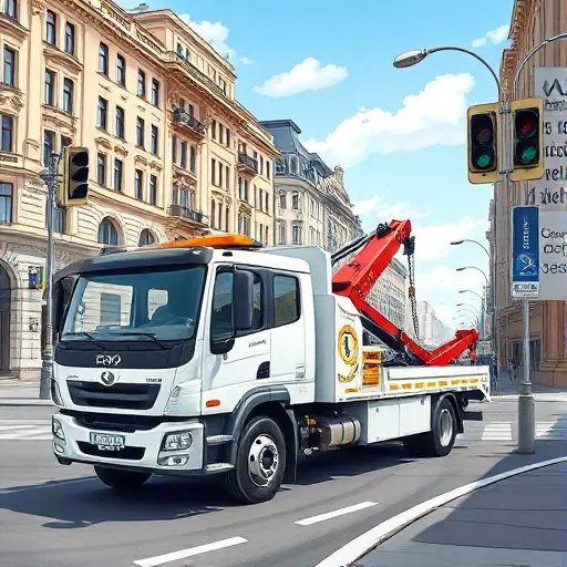 эвакуатор купчино A bright, detailed illustration of a modern tow truck parked on a busy street in Kupchino, St. Petersburg, with city buildings, traffic lights, and a clear sky, no text or signage visible
