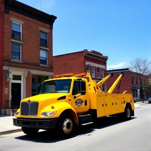 эвакуатор сурен A bright yellow tow truck parked on a quiet street in a small town, with old brick buildings in the background, a clear blue sky, and a few trees.