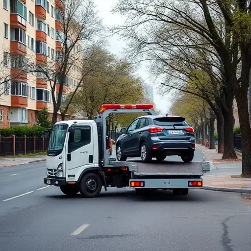 A clean, realistic scene of a modern tow truck pulling a small car onto its platform in a quiet residential street of the Khovrino district, Moscow. The street is lined with typical Russian apartment buildings, trees, and a subtle hint of Moscow skyline in the background. The focus is on the tow truck and the car, with soft lighting and a slightly elevated perspective, capturing the everyday urban environment without any text, logos, or people visible.