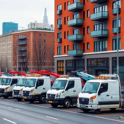 A realistic scene of a Moscow street with several tow trucks of different models parked near a modern building, showcasing a variety of vehicles used for vehicle recovery and transport. The background includes recognizable Moscow architecture such as a red brick building with balconies and a hint of the city skyline, but no visible signage or text. The focus is on the tow trucks, their equipment, and the urban environment, conveying a market overview and selection of tow trucks in Moscow.