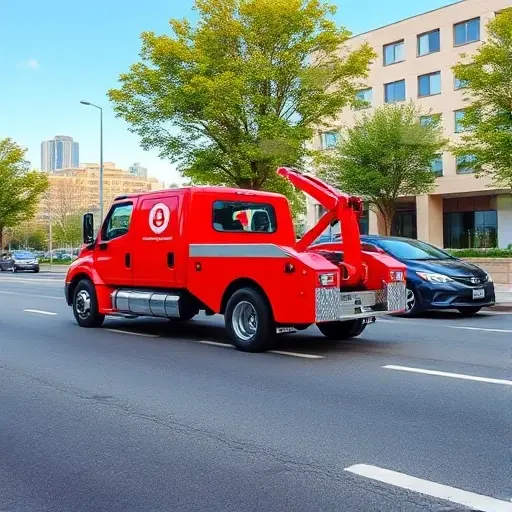ближний эвакуатор A modern tow truck parked on a quiet city street, pulling a small car. The scene shows a clear sky, a few trees, and a city building in the background. The tow truck is in bright red with a reflective surface, and the car is a compact sedan. The image should have a realistic, high-resolution look, with no text or lettering visible.