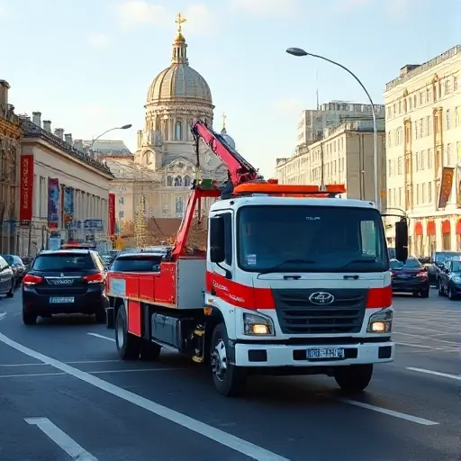 A realistic scene of a tow truck (evakuator) operating on a busy Moscow street, with recognizable Moscow architecture such as the Kremlin dome or typical high-rise buildings in the background, the tow truck positioned prominently, showing the vehicle's hook and platform, under a clear sky, emphasizing the urban environment and the service context without any text or signage.