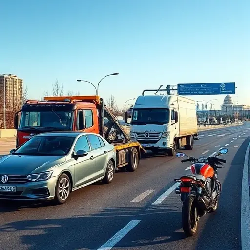 A realistic scene showing a tow truck (evakuator) on a road between Sergiev Posad and Moscow, with three different vehicles being towed: a passenger car, a cargo truck, and a motorcycle, all clearly visible and positioned near the tow truck, under a clear sky and urban background, no text or signage