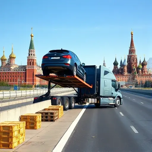 A sturdy tow truck with a hydraulic platform lifting a car onto its trailer, set on a highway that stretches between the iconic skylines of St. Petersburg and Moscow. The scene shows the truck navigating a narrow loading area with obstacles like crates and barriers, emphasizing the challenge of loading and unloading. The background features recognizable silhouettes of St. Petersburg’s historic spires and Moscow’s Kremlin towers, under a clear sky, with no text or signage in the image.