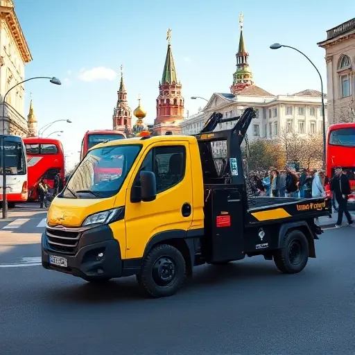 вызвать эвакуатор в москве недорого хорошевский A modern, compact tow truck parked on a bustling Moscow street, with iconic red double-decker buses and the Kremlin silhouette in the background. The scene is set during a bright, sunny day, showing the tow truck's bright yellow and black paint, a visible 'cheap' price tag sticker on the side, and a small crowd of pedestrians watching. The atmosphere is lively yet safe, with clear sky and subtle reflections on the asphalt.