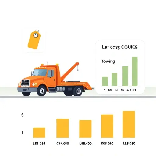 An illustration of a tow truck pulling a car on a road, with a floating price tag icon and a simple bar chart showing different towing rates, all in a clean, flat design style, no text or numbers visible.