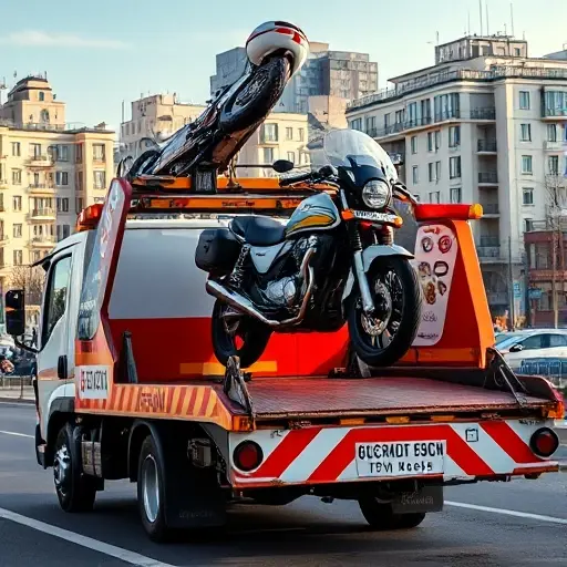 A realistic scene of a Moscow tow truck in the North-West Administrative Okrug, with a professional tow truck lifting a motorcycle onto its platform, city buildings in the background, clear sky, depicting service for motorcycles and special equipment, no text or signage