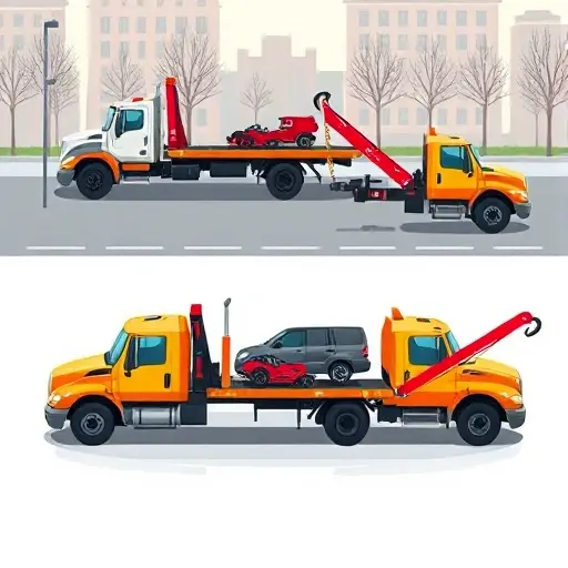 A realistic illustration of various types of tow trucks in a Tolybsk city setting, including flatbed, hook and chain, and wheel‑lift trucks, each depicted in action towing a vehicle, with a modern urban background, no text or lettering, no numbers, no logos, no people, no animals, no other vehicles