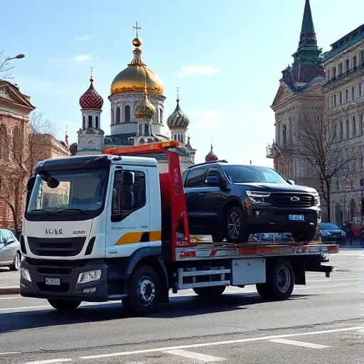 A modern tow truck partially loading a vehicle on a city street in Moscow, with recognizable Moscow architecture such as the Kremlin dome in the background, under a clear sky and realistic lighting, no text or signage