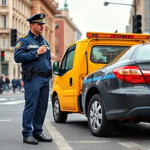 A realistic depiction of a Moscow traffic police officer detecting a traffic violation and calling a tow truck. The scene shows the officer in uniform with a handheld radio, standing beside a stalled vehicle on a city street. A bright yellow tow truck with a visible 'tow' sign (but no text) is parked nearby, ready to move the vehicle. The background includes typical Moscow architecture and traffic lights. The image captures the dynamic moment of the call, with the officer pointing toward the tow truck and the vehicle's wheels slightly turned.