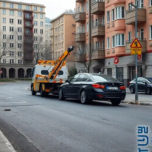 A realistic scene of a Moscow street with a tow truck lifting a parked car, surrounding apartment buildings and traffic signs, captured in the smallHQ style, without any visible text or numbers