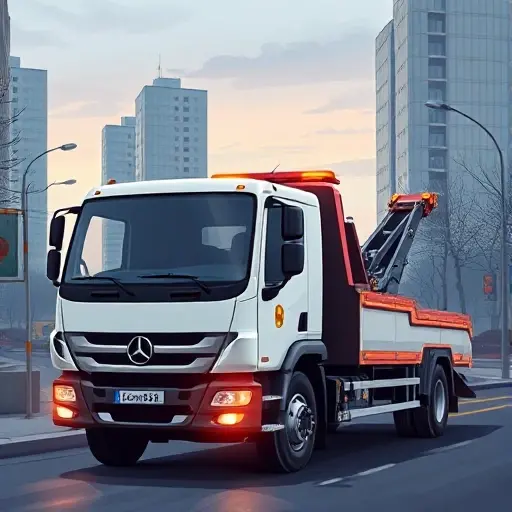 A realistic illustration of a modern tow truck from company B parked on a street in Medvedkovo, Moscow, with a subtle cityscape background, focusing on the vehicle's details and the urban environment, no text or lettering