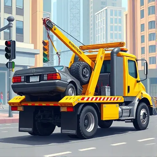 A realistic illustration of a specialized tow truck in a city setting, fully loaded with a heavy vehicle being towed. The tow truck is bright yellow with a large winch and visible towing hook. The scene shows the winch cable attached to a damaged car or semi-trailer, with the vehicle's rear clearly visible. The background includes city buildings and traffic lights, but no people or pedestrians. The image is high resolution, small size, and in a realistic style.