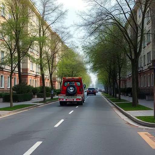 A realistic scene of a tow truck operating on a quiet residential street called 1st Upper Mikhailovsky Drive, featuring typical Russian apartment buildings, tree-lined sidewalks, and a clear sky, with the tow truck lifting a car, without any signage or text
