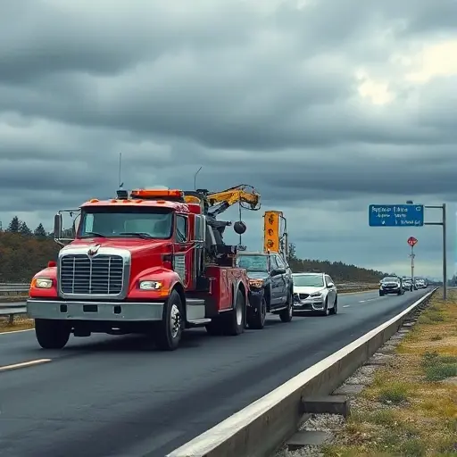 A realistic scene of a tow truck pulling a broken-down car on a highway, with a roadside emergency sign and a cloudy sky, focusing on the vehicles and the situation without any text or logos