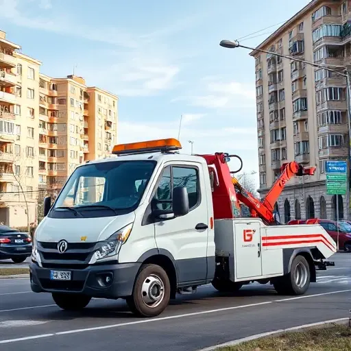A modern tow truck with a driver, parked on a street in Eastern Moscow, with typical Moscow apartment buildings and street signs in the background, under a clear sky, conveying reliability and affordability without any text or logos