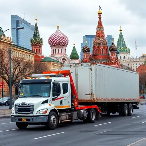 A tow truck in a Moscow street, towing a damaged cargo truck, with iconic Moscow skyline in the background, depicted in a realistic style. The image should show only the tow truck and the towed truck, no people, no other vehicles, no signage, no text, no logos, no brand names, no numbers, and no letters.