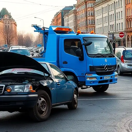 A realistic scene of a bright blue tow truck parked beside a broken car on a Moscow street during daylight. The tow truck has a white emblem, and the broken car shows a flat tire and an open engine hood. Typical Moscow traffic and city buildings are visible in the background, conveying a technical malfunction on the road.