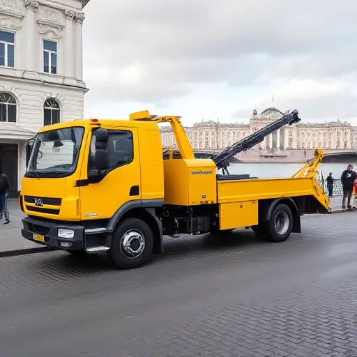 эвакуатор легковой спб A bright yellow tow truck parked on a cobblestone street in St. Petersburg, with the Neva River and the Winter Palace in the background, reflecting the city’s historic architecture.