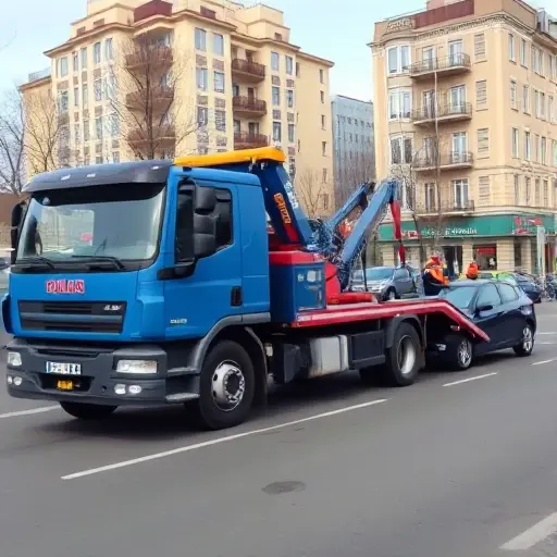 A professional tow truck (e.g., a blue or red heavy-duty vehicle) parked on a Moscow street, with a tow crew in work uniforms, pulling a stalled car. The scene shows a clear, urban background with typical Moscow architecture, but no signage or text visible. The focus is on the tow truck, the crew, and the car being towed, illustrating the advantage of professional towing services over DIY attempts.