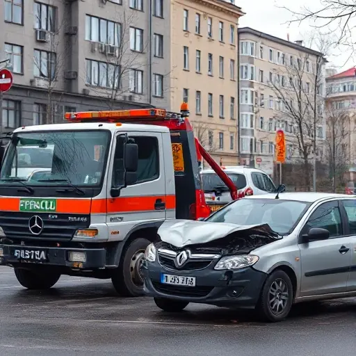 A tow truck parked on Bolshoy Volokolamskaya street, with a damaged vehicle beside it, depicting a mechanical failure scenario in a realistic urban setting, no text or signage visible