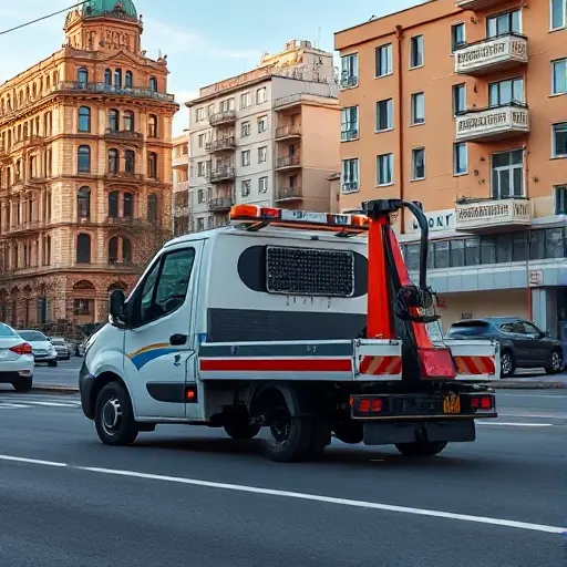 A realistic scene of a compact tow truck parked on a Moscow street, with recognizable Russian architecture such as historic buildings and modern apartments in the background, under a clear sky. The tow truck should be the focal point, showing its hook and lights, but without any text, logos, or numbers. The atmosphere is everyday urban, suggesting affordable service.