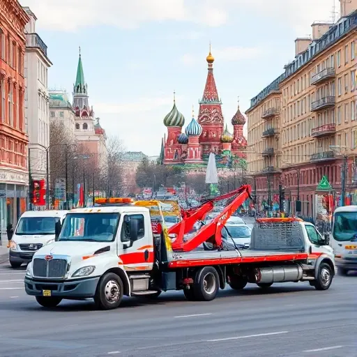 A daytime urban scene in Moscow showing a variety of tow trucks commonly used in the city, such as a flatbed truck, a wheel‑lift truck, and an integrated tow truck, positioned on a busy street near recognizable landmarks like the Kremlin silhouette and classic Russian apartment buildings, with subtle traffic and city life ambience, all rendered in a clear, detailed style without any text or signage