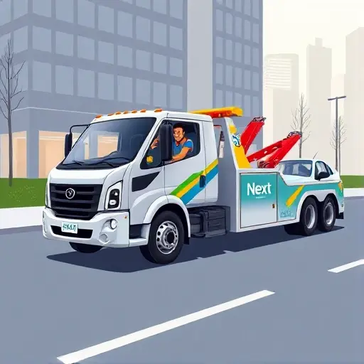 An illustration of a sleek, modern tow truck branded 'Next' in a bright, clean design, positioned in an urban setting. The truck is actively towing a car, with a friendly driver visible through the cab window, showcasing efficiency and reliability. The scene conveys professionalism and advanced technology, with subtle lighting and a clear, crisp background.