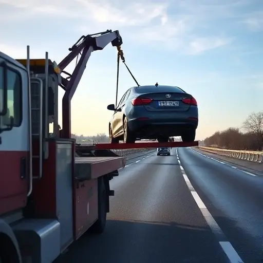 A tow truck on the Leningrad highway near Moscow, partially loading a car onto its platform. The scene shows the truck's hook and winch engaged with the vehicle, the highway stretching into the distance under a clear sky, with subtle roadside details like guardrails and trees, but no text or signage.