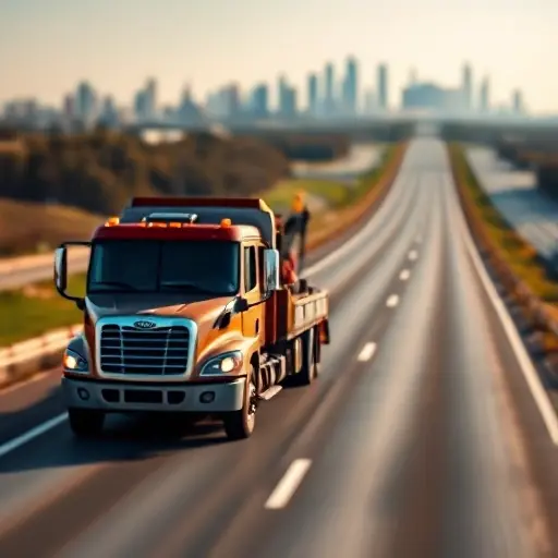 эвакуатор москва ростов на дону A realistic tow truck driving on a highway with a blurred background showing the skylines of Moscow and Rostov-on-Don, the road stretching between the two cities, clear sky, no text or signage, focusing on the vehicle and the sense of long-distance service