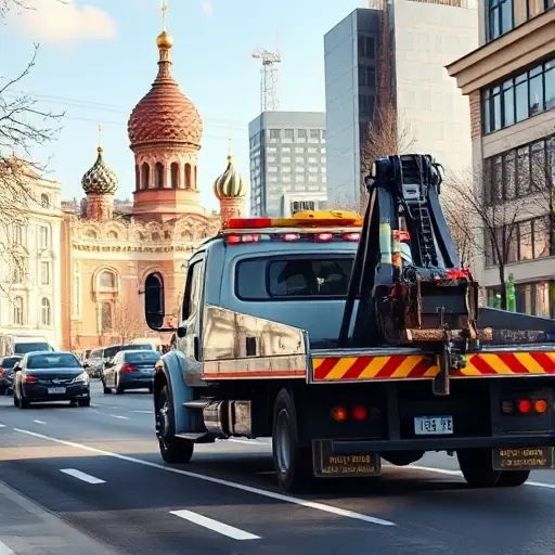 Сколько стоит вызов эвакуатора в Москве: Полный гайд A realistic scene of a tow truck parked on a busy Moscow street, with recognizable Moscow architecture such as the Kremlin domes and modern high-rises in the background, the truck's hook and lights visible, a subtle hint of a price tag floating nearby without any readable text, and a clear, bright daylight atmosphere.
