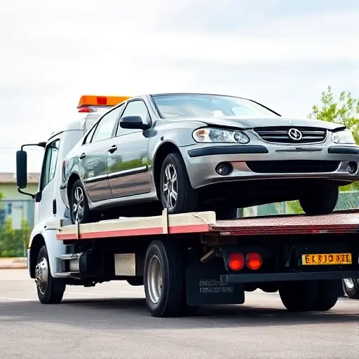 A tow truck with a partially loaded vehicle, showing only the front half of a car on the truck bed, with the truck's cab visible, in a clear outdoor setting, realistic lighting, no people, no text