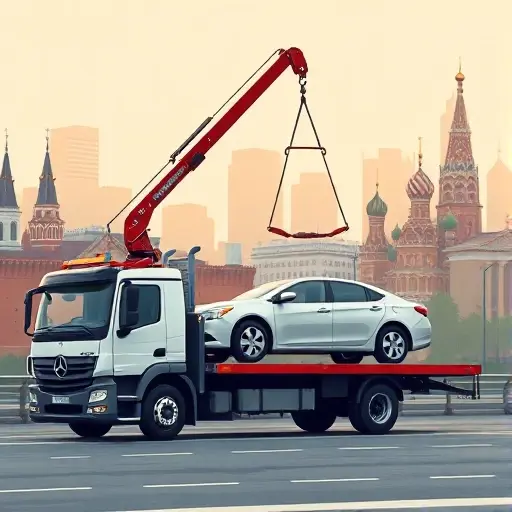 A professional tow truck with a crane arm lifting a seized car onto its platform, set against a recognizable Moscow cityscape with iconic buildings like the Kremlin silhouette in the background. The scene conveys a serious, official vehicle transport operation, with the tow truck and car rendered in realistic detail, no visible text, logos, or license plates.
