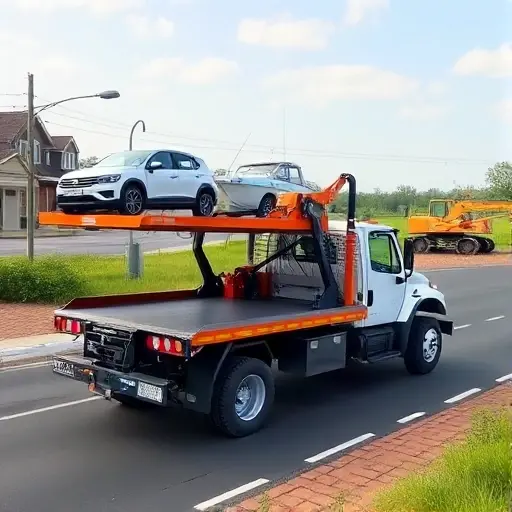 A versatile platform tow truck in action, showing its adaptability across different environments: lifting a small car onto its flat platform in an urban street, transporting a boat on a dock, and carrying a construction excavator on a rugged countryside road. The scene emphasizes the sturdy platform, hydraulic arms, and robust wheels, with dynamic angles that highlight the truck's multifunctional capabilities, all rendered in a clean, detailed style without any text or logos.
