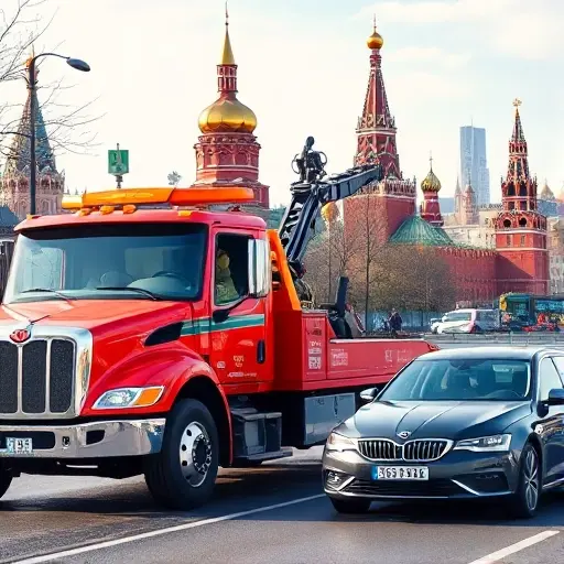 Эвакуатор Москва: Полное руководство по выбору и использованию A realistic scene of a tow truck in Moscow, with the iconic Kremlin skyline in the background, the tow truck assisting a stranded car on a city street, showing the vehicle's hook and the driver operating it, under a clear sky, without any text, logos, or people