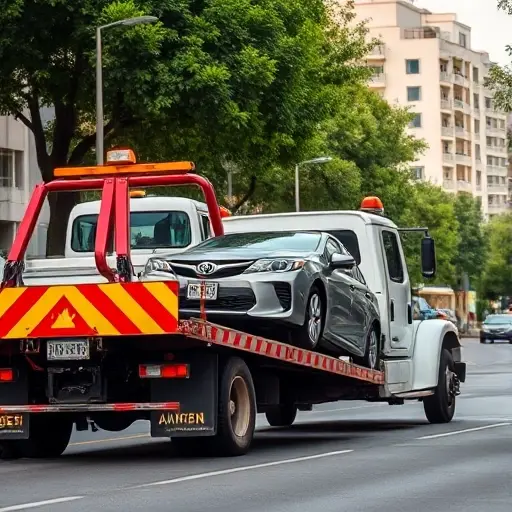 Эвакуатор на 4-й улице Лазенки: Полное руководство A tow truck on a city street, lifting a broken down car, urban residential area, daytime, detailed, high quality