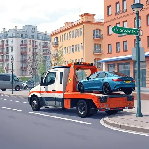 A realistic illustration of a tow truck parked on a street in Molzhaninovsky, Moscow, with a car being towed, showing city architecture and a subtle sign indicating the neighborhood, no text or letters