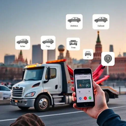 A tow truck parked in front of a recognizable Moscow cityscape, with a person holding a smartphone displaying a call interface, and floating icons representing cost factors such as distance, vehicle type, and time, all depicted without any text, letters, or numbers