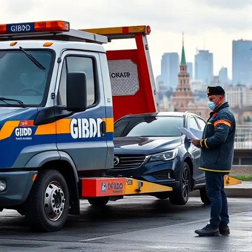 A GIBDD tow truck in Moscow inspecting a car before pickup, with a GIBDD officer holding a clipboard, city skyline in background, no text or lettering