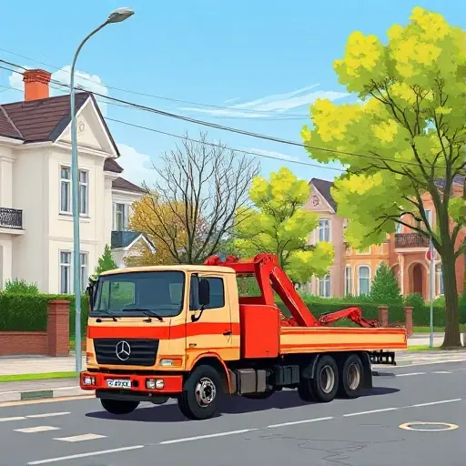 A realistic illustration of a tow truck parked on a suburban street in Altufyevsky district, with typical Moscow suburban houses, trees, and a clear sky, no text or signage